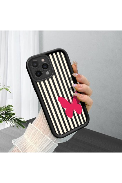 iPhone 14 Pro Max Compatible Black Silicone Case with Black and White Stripes Butterfly Pattern, Camera Protection, Shock Absorbing