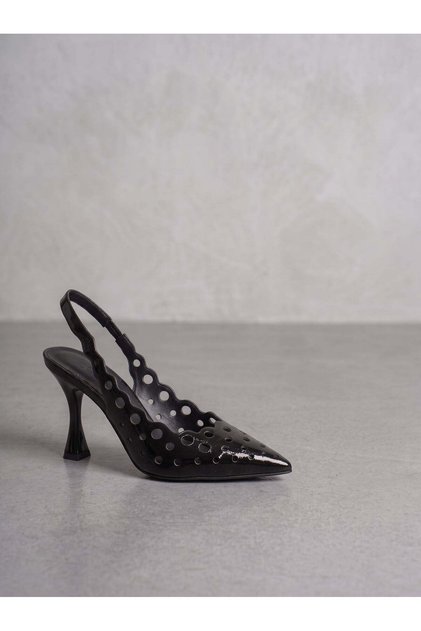 Black Crinkled Patent Leather Pointed Toe Slingback Heeled Shoes Laser Cut Wavy Edge Goblet Heel Stylish