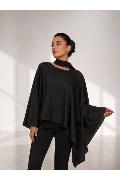 Women's Black Satin Scarf Draped Asymmetrical Cape Blouse
