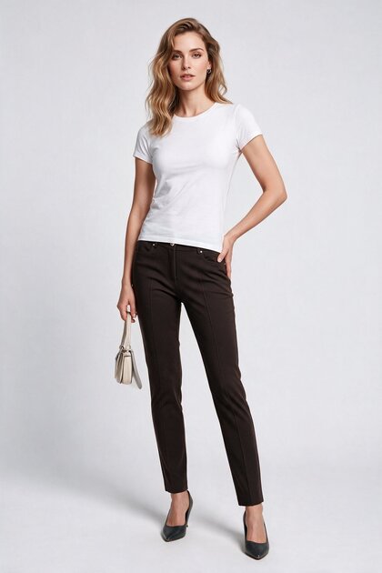 Women's Regular Cut Front Seam Detailed Straight Leg Fabric Trousers