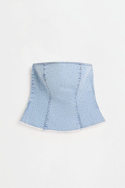 Taş detaylı denim bandeau top