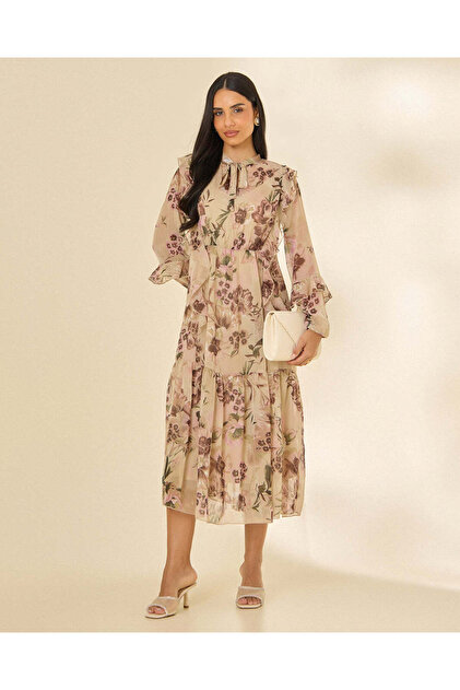 Women Beige Floral Printed Maxi Dress