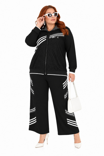 Plus Size Hooded Zippered Mesh Detailed Contrast Striped Wide Leg Women's Top and Bottom Set