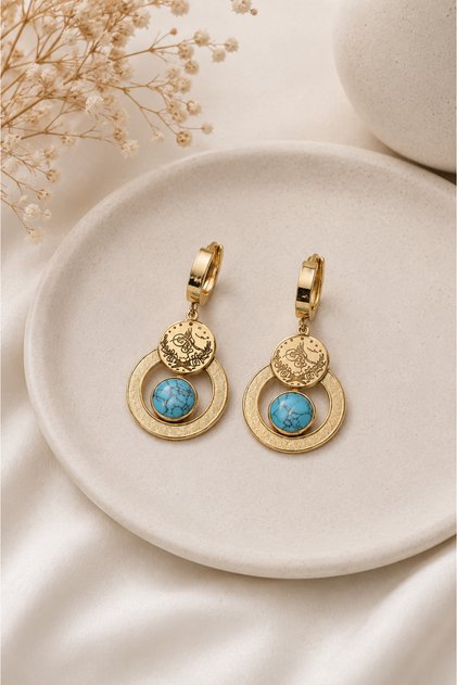 Ottoman Tughra Turquoise Stone Steel Earrings