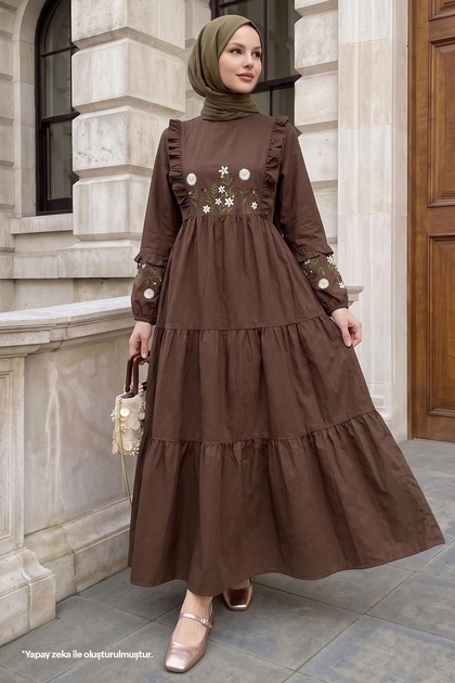 Daisy Embroidered Bitter Brown Dress