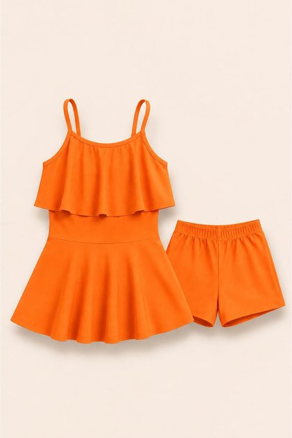 Girls' Suspender Ruffle Dress and Shorts 2-Piece Swimsuit Set 12924