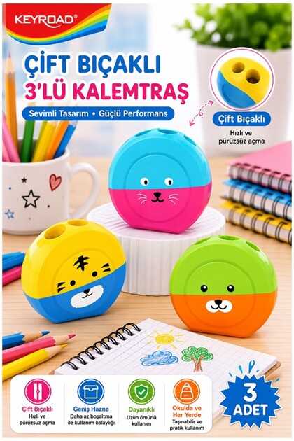Renkli Sevimli Kalemtraş Keyroad KR-971839 3 Adet Hazneli Çift Bıçaklı Kalem Açacağı Plastik Kalemtı