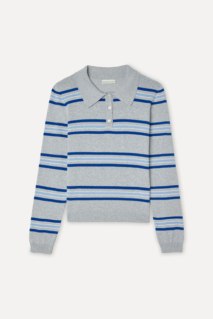 Women's Gray Melange Striped Polo Collar Sweater