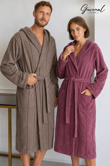 Savanna | Set of 2 Cotton Unisex Velvet Hooded Bathrobes | Ultra Soft | Women's Bathrobe | Men's Bathrobe | Dowry | Bathroom