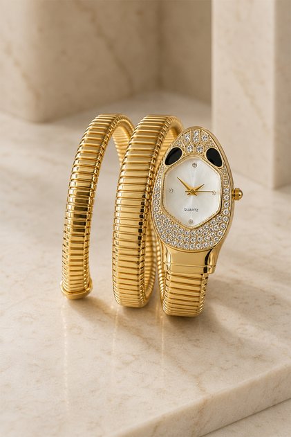 Snayk Women's Gold Color Snake Form Stone Bracelet Watch | White Dial Flexible Coiled Cord Vintage Luxury Quartz Women's Wristwatch