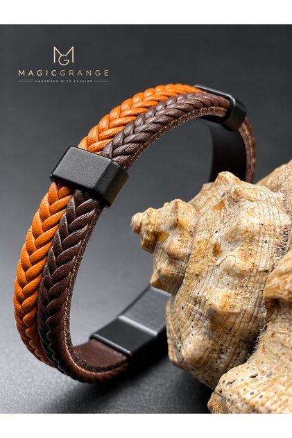 Men's Leather Bracelet Real Calfskin Double Color Weave Casual Design 21 cm Mentor Series
