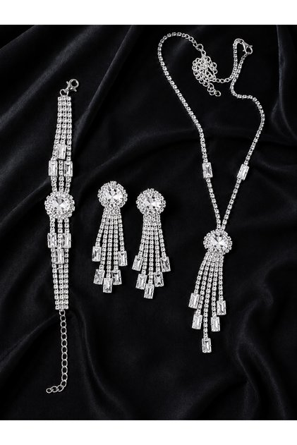 Crystal Silver Stone Fringed Necklace Earrings and Bracelet Set