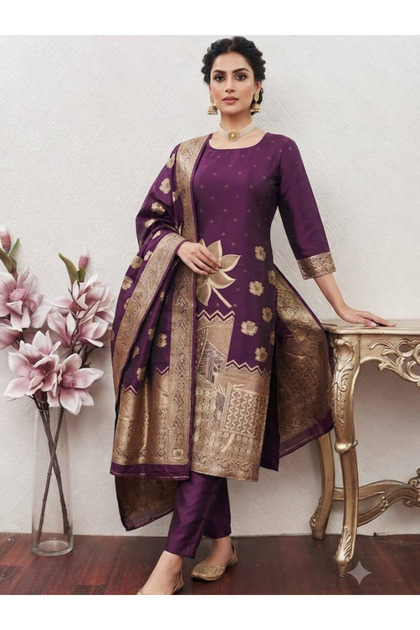 Dark Purple Art Silk Jacquard Kurta Set with Banarasi Dupatta - LRN9738 | DarkPurple-Size:XL-42-Inches
