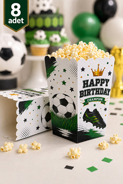 Futbol Temalı Mısır Kutusu 8x11 cm 8’li Set Erkek Çocuk Doğum Günü Parti Popcorn İkram Kutusu
