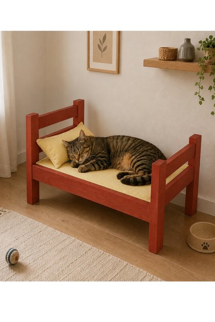 Ahşap Kedi Yatağı Karyola Kalın Pedli Kedi Evi Yatak 1200