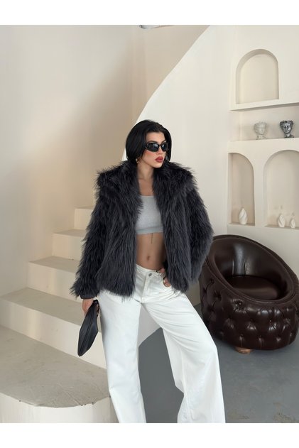 Nes Moda Kadın Yeni Premium Jakarlı Suni Kürk Peluş Ceket Mont