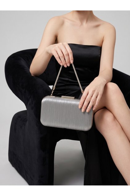 Anthracite Gray Platinum Striped Satin Silver Detailed Crystal Stone Chain Strap Women's Evening Dress Bag Wedding Engagement Graduation