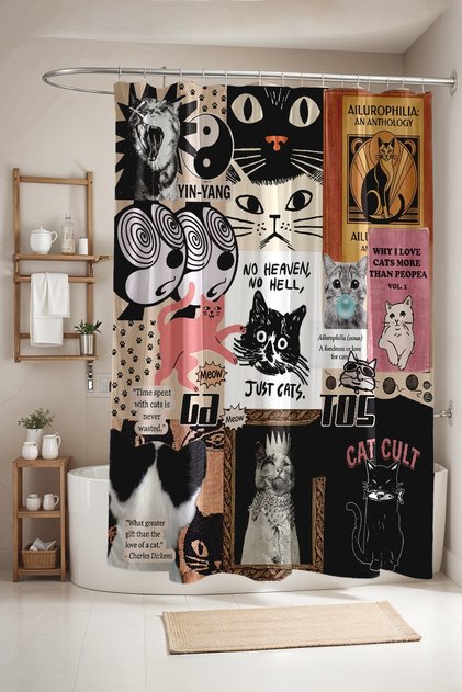 Various Cat Icons Patterned Shower Curtain, Bathtub Curtain 175X200Cm