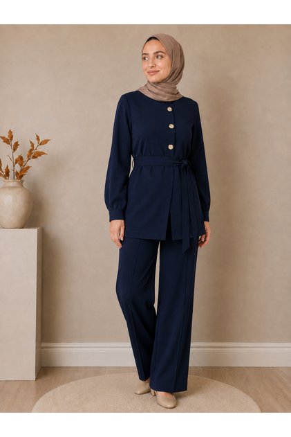Cotton Buttoned Double Suit with Mobile Belt Navy Blue