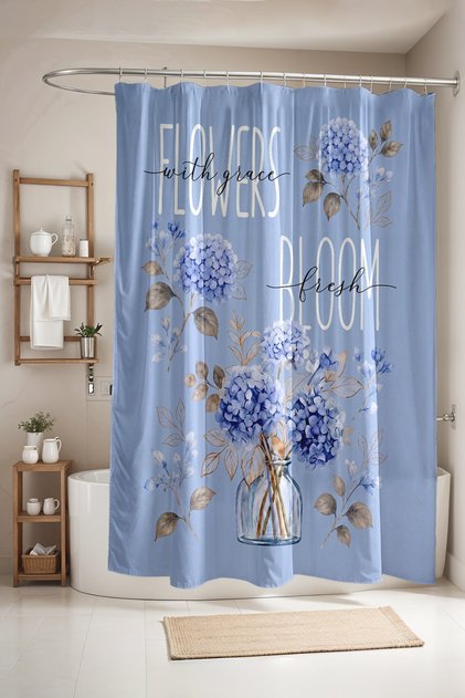 Blue Hydrangea Flower Patterned Shower Curtain, Bathtub Curtain 175X200Cm