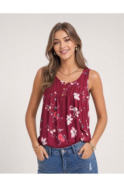 Women's Floral Patterned Button Detailed Sleeveless Summer Blouse