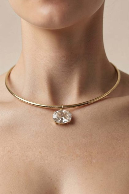 Zarif Oval Kesim Zirkon Detaylı Altın Kaplama Choker Kolye