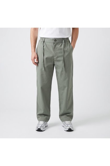 Smart Casual Pleated Trousers - Relaxed Fit Drawstring Chinos with Elastic Waist & Back Pockets - Tapered Woven Pants