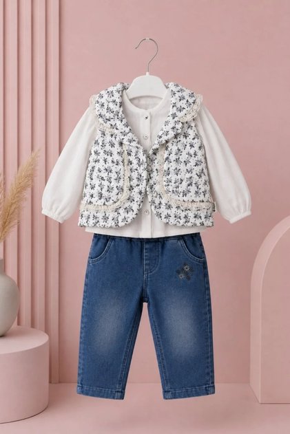 Girl's 3-Piece Set with Floral Patterned Ruffled Vest, Shirt and Jeans