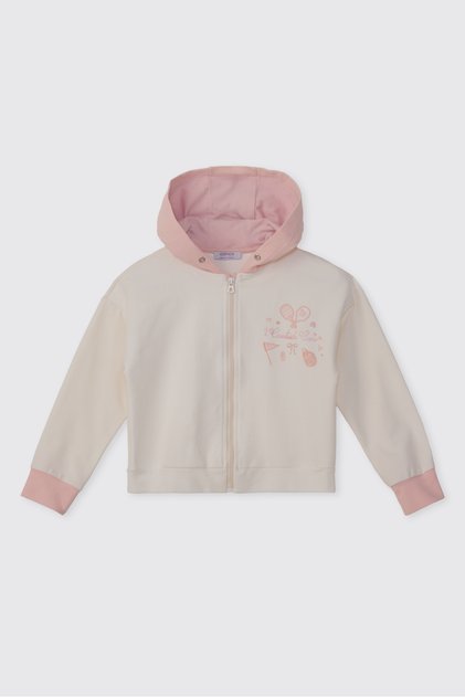 Kız Çocuk Kapüşonlu Fermuarlı Baskılı Ekru Sweatshirt