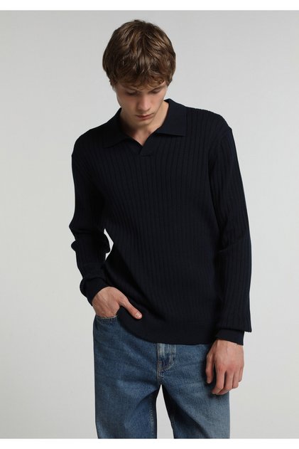 Regular Fit Apaş Collar Striped Men's Navy Blue Sweater