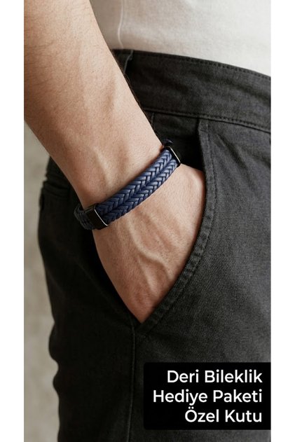 Corvelli Marine Navy Blue Leather Men's Bracelet - Modern Design with Braided and Plain Strips