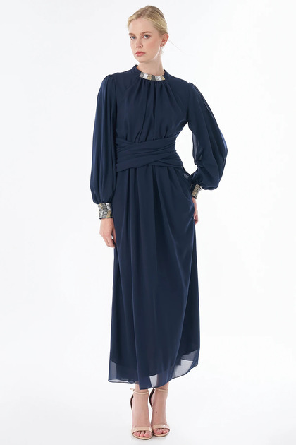 Waist Detailed Chiffon Dress Navy Blue