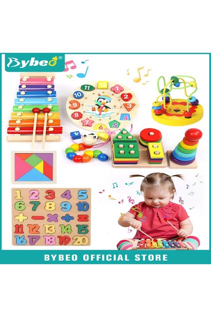 Montessori Toys for 1-3 Years Toddlers, Kids Wooden Toys, Wooden Sorting & Stacking Toys, Including Shape Sorter, Stacking Rings, Xylophone, Clock, Bead Maze, Caterpillar, Tangram, and Number Puzzle
