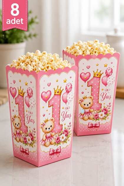 1 Yaş Pembe Ayıcık Mısır Kutusu 8’li Set 8x11 cm Kız Bebek İlk Yaş Doğum Günü Popcorn Kutusu