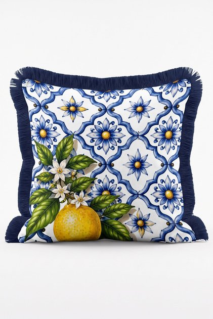 Blue Ceramic Tile and Lemon Blossom Patterned Fringed Cushion Cover