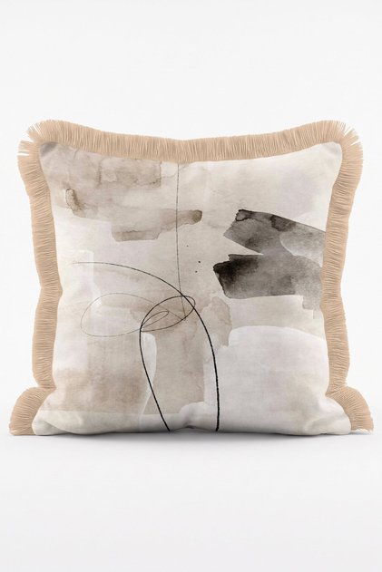 Modern Fringed Throw Pillow Cover with Abstract Brushstroke and Linear Art Pattern