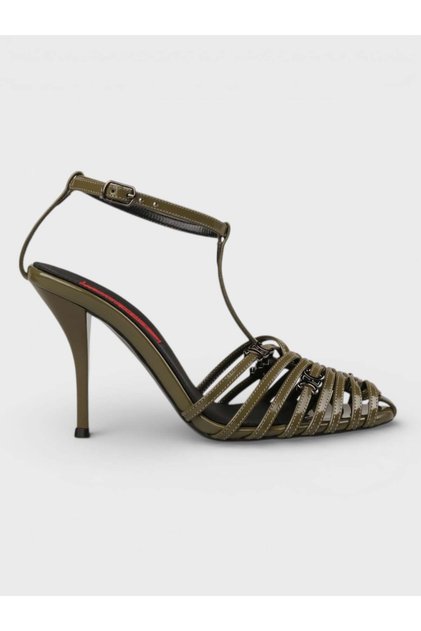 Women's Summer 11cm Thin Open Heeled Shoes - 574 0801 - Khaki Patent Leather