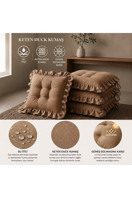 FIRFIRLI SANDALYE MİNDERİ SAÇAKLI SANDALYE MİNDERİ RATTAN MİNDERİ KETEN DUCK KUMAŞ SU İTİCİ KUMAŞ SIRT 40*40 CM OTURUM 40*40 CM 4 ADET