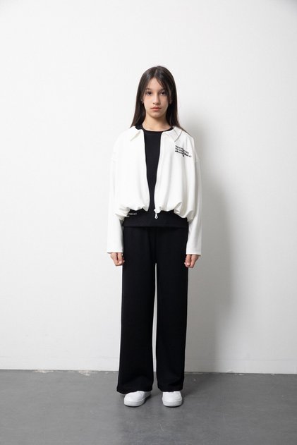 Black Girl's Zippered Cardigan with Lettering Print and Wide-Legged Trousers 3-Piece Set 24834