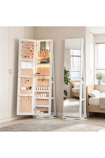 Standing Full-Length Mirror Jewelry Cabinet with LED Lights,360° Swivel Jewelry Armoire with Full Length Mirror,Rotatable Standing Jewelry Armoire Organizer with Foldable Makeup Shelf for Home