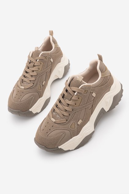Pantofi sport de damă, cu talpă groasă, cu șireturi, din piele intoarsa, Pizen Mink
