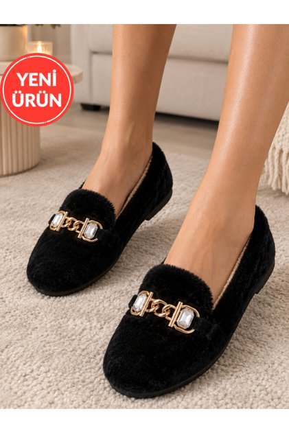 Luna Taşlı Zincir Detaylı Peluş Kadın Ev Ayakkabısı Ev Babeti Çeyizlik Hediyelik Babet STC1336