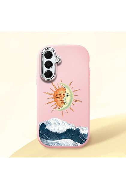 Pink Silicone Case for Samsung Galaxy A16 4G/5G Compatible with Retro Style Sun Moon Sea Wave Pattern Shock Absorbing Camera Protection