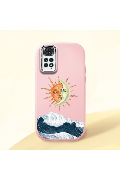 Redmi Note 11/Note 11S Compatible Retro Style Sun Moon Sea Wave Pattern Shock-Absorbing Camera Protected Pink Silicone Case