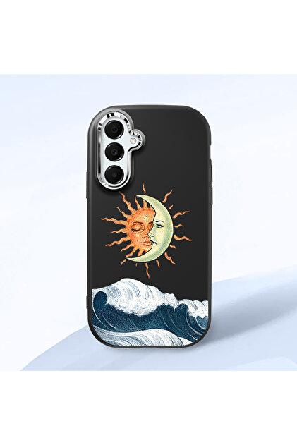 Samsung Galaxy A16 4G/5G Compatible Retro Style Sun Moon Sea Wave Pattern Shock Absorbing Black Silicone Case with Camera Protection