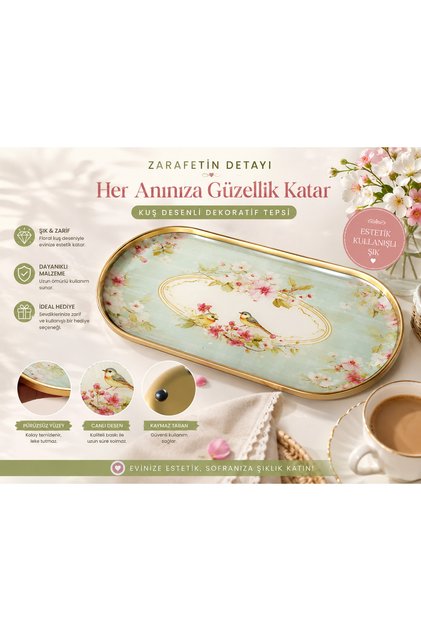 Vintage Bird and Floral Patterned Decorative Oval Presentation Tray 💗 🌸 🐦 30X13 cm – Premium Serving Tray