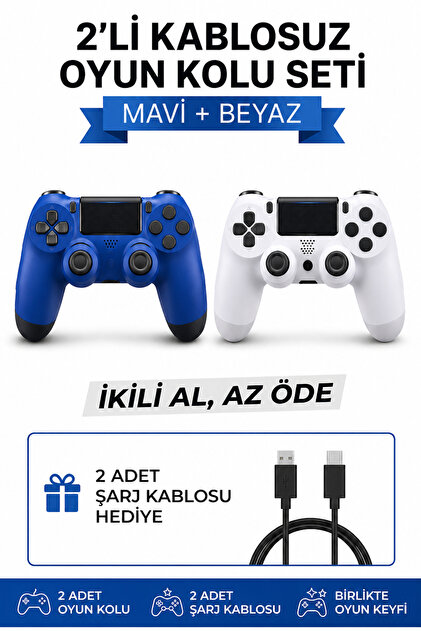 2'li Kablosuz Oyun Kolu Seti Bluetooth Titreşimli Şarjlı PC Laptop Tablet Telefon Uyumlu Mavi ve Beyaz