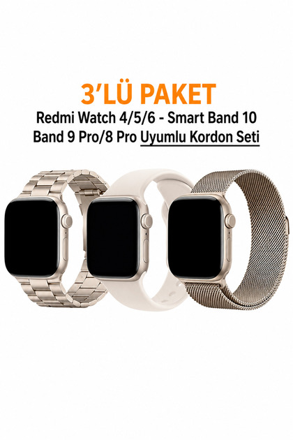 Xiaomi Redmi Watch 6 Active / Lite & Redmi Watch 4/5/6 & Smart Band 10 Pro / 9 Pro / 8 Pro Uyumlu 3' Lü Silikon + Metal Kordon Set