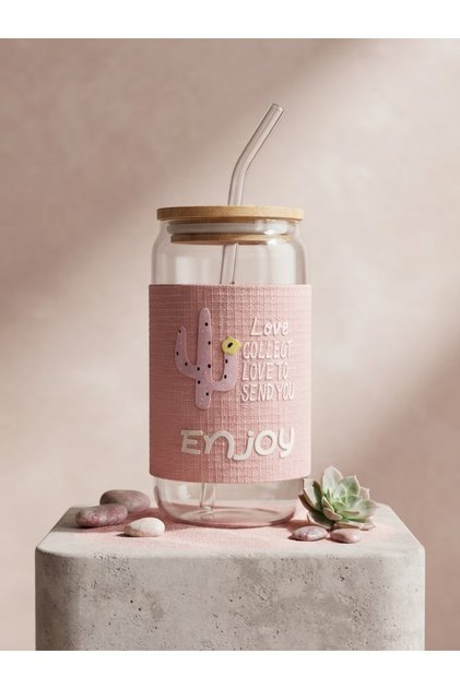 550 ml Heat-Resistant Glass with Straw and Bamboo Lid Cold Coffee Cup with Cactus Pattern