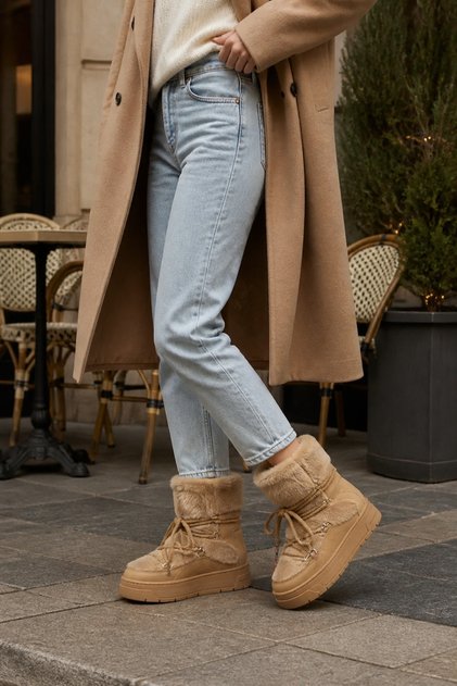Wr-7843 Women's Camel Color Lace-Up Fur Detailed Thick Soled Winter Boots